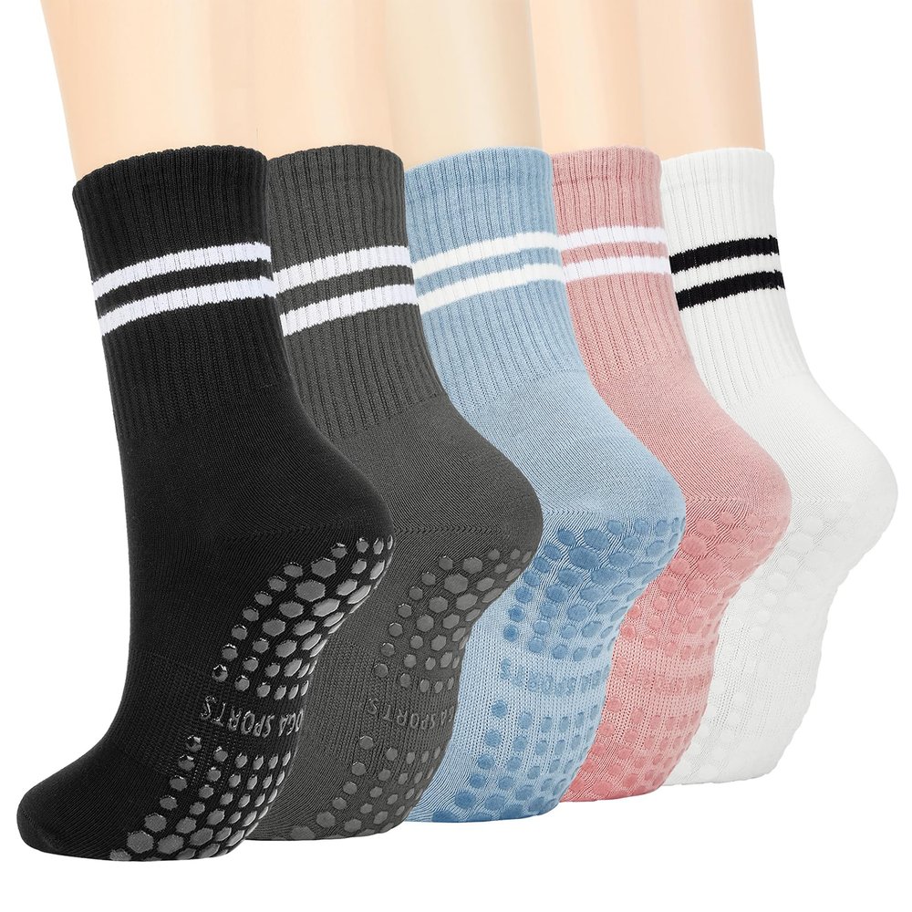 American Trends Pilates Grips for Women Yoga Barre Non Slip Grippy Dance Hospital Socks with Grippers - 5 Pairs: Black, White, Dark Grey, Light Blue, Pink