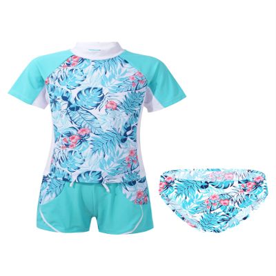Hedmy Girls Rash Guard 3-Piece Swimsuit Set Short Sleeve Top Shorts Bikini Bottoms with UPF50+ Sun Protection Leaf 8 Years