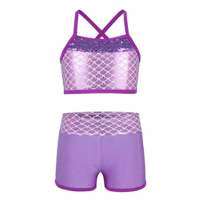 Nikiikoo Kids Girls 2Pcs Activewear Set Gymnastics Dance Sports Bra Crop Tops and Booty Shorts Tankini Swimsuit D#Lavender10 12 Years