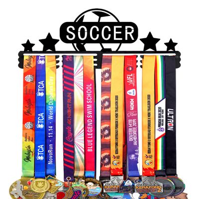 Goutoports Soccer Medal Display Hanger - Sport Award Ribbon Plaques Holder Rack for Wall Mount - Black Steel Metal Holder with 12 Hooks Hold Up 60 Medals Easy to Install