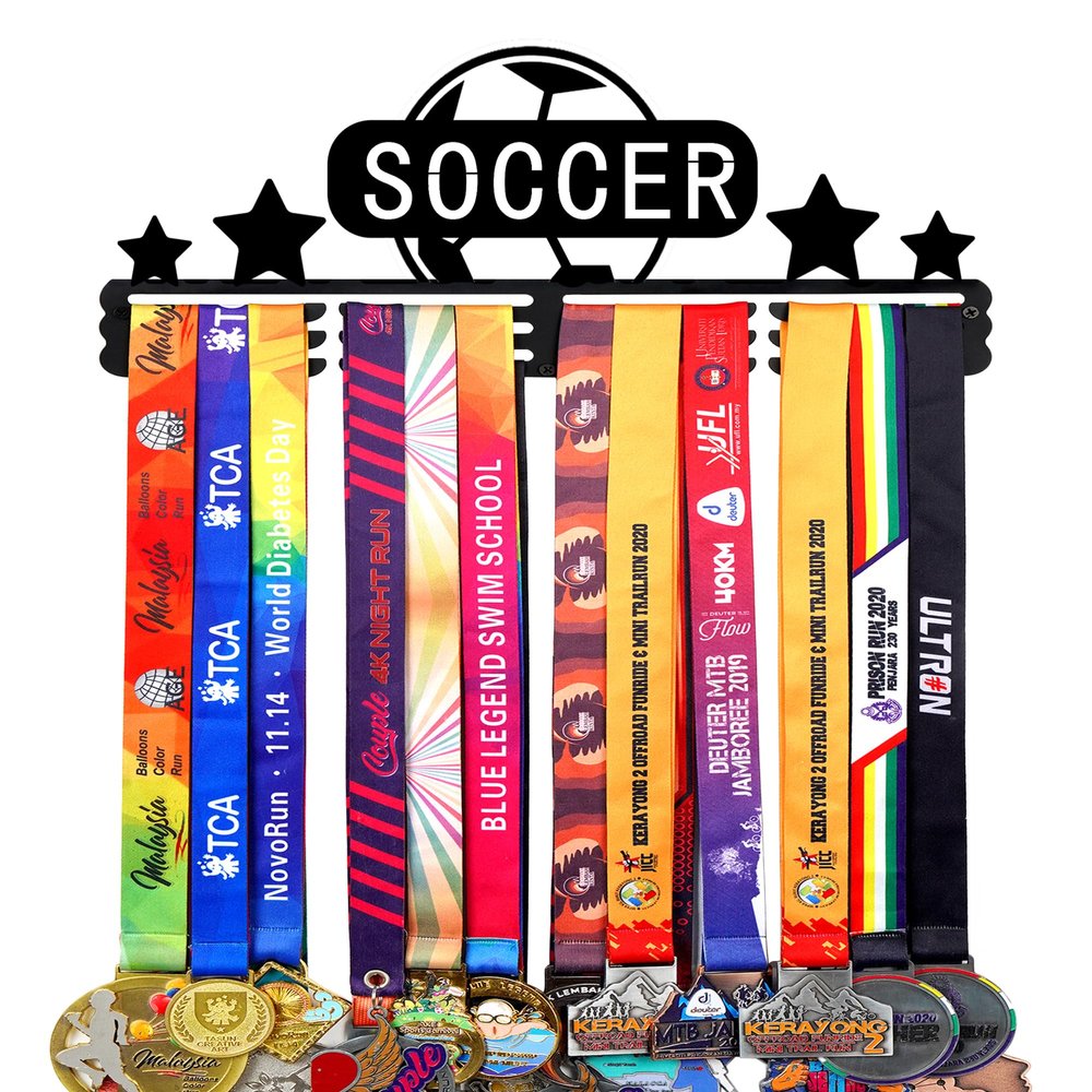 Goutoports Soccer Medal Display Hanger - Sport Award Ribbon Plaques Holder Rack for Wall Mount - Black Steel Metal Holder with 12 Hooks Hold Up 60 Medals Easy to Install