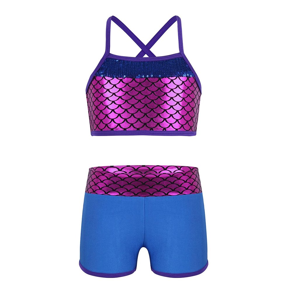 Nikiikoo Kids Girls 2Pcs Activewear Set Gymnastics Dance Sports Bra Crop Tops and Booty Shorts Tankini Swimsuit D#Blue08 10 Years