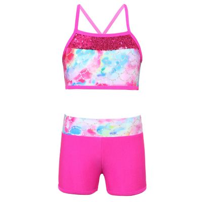 Nikiikoo Kids Girls 2Pcs Activewear Set Gymnastics Dance Sports Bra Crop Tops and Booty Shorts Tankini Swimsuit D#Colorful12 12 Years