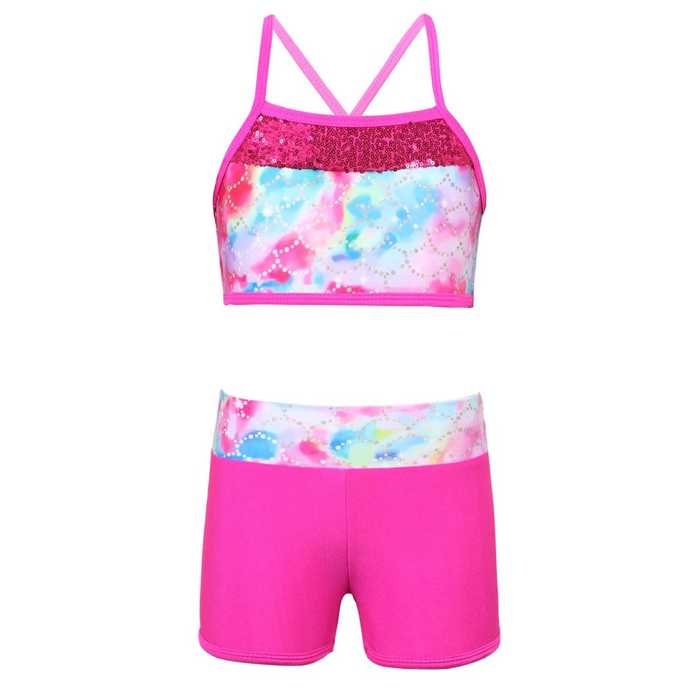 Nikiikoo Kids Girls 2Pcs Activewear Set Gymnastics Dance Sports Bra Crop Tops and Booty Shorts Tankini Swimsuit D#Colorful12 12 Years
