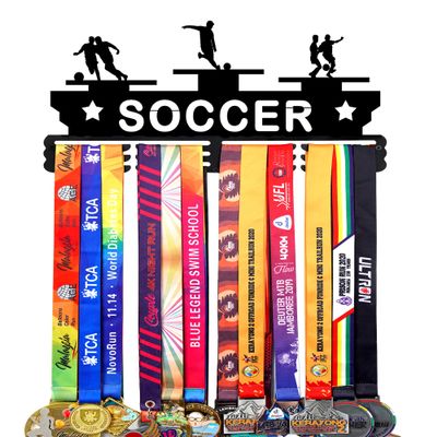 Goutoports Soccer Medal Display Hanger - Sport Award Ribbon Plaques Holder Rack for Wall Mount - Black Steel Metal Holder with 12 Hooks Hold Up 60 Medals Easy to Install
