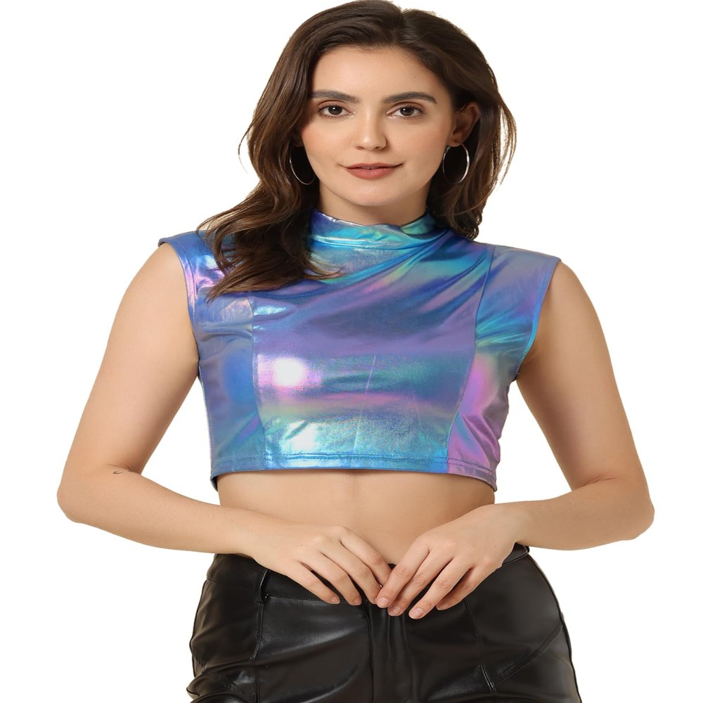 Allegra K Metallic Top for Women's Sleeveless Crop Shirts Zipper Shiny Halloween Party Tank Tops X-Large Blue Silver