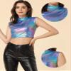 Allegra K Metallic Top for Women's Sleeveless Crop Shirts Zipper Shiny Halloween Party Tank Tops X-Large Blue Silver view 2