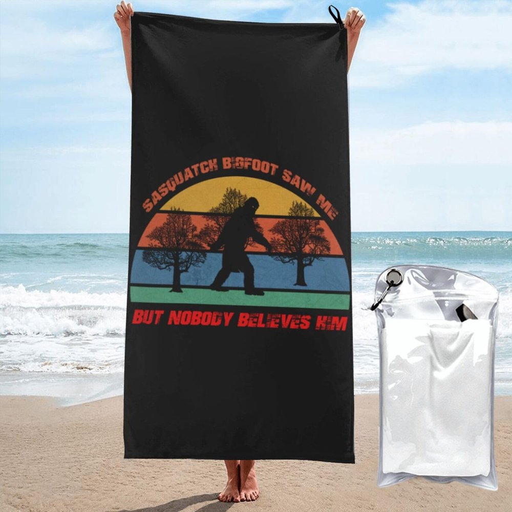 Sasquatch Bigfoot Saw Me But Nobody Believes Him Beach Towel Oversized, Microfiber Beach Towel with Pocket Sand Free Beach Blanket Super Lightweight Thin Towels 27.5"x55"