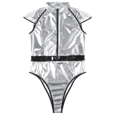 YOOJIA Mens Wetlook Patent Leather Bodysuit Hjgh Cut Leotard Jumpsuit Catsuit Astronaut Cosplay Costume Silver XX-Large