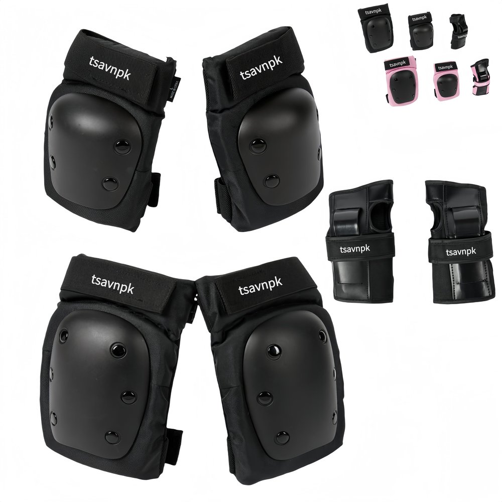 Adult Knee and Elbow Pads Set with Wrist Guards Skateboarding Protective Gear for Adults, Adjustable Protective Pads for Roller Skating, BMX, Cycling (Black)