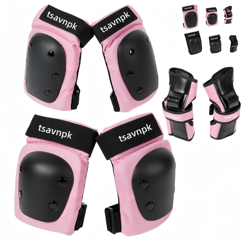 Adult/Youth Knee and Elbow Pads ,Wrist Guards for Adult,Women, 6 in 1 Protective Gear Set for Skateboarding Biking Roller Skating Cycling Outdoor (Medium, Pink)