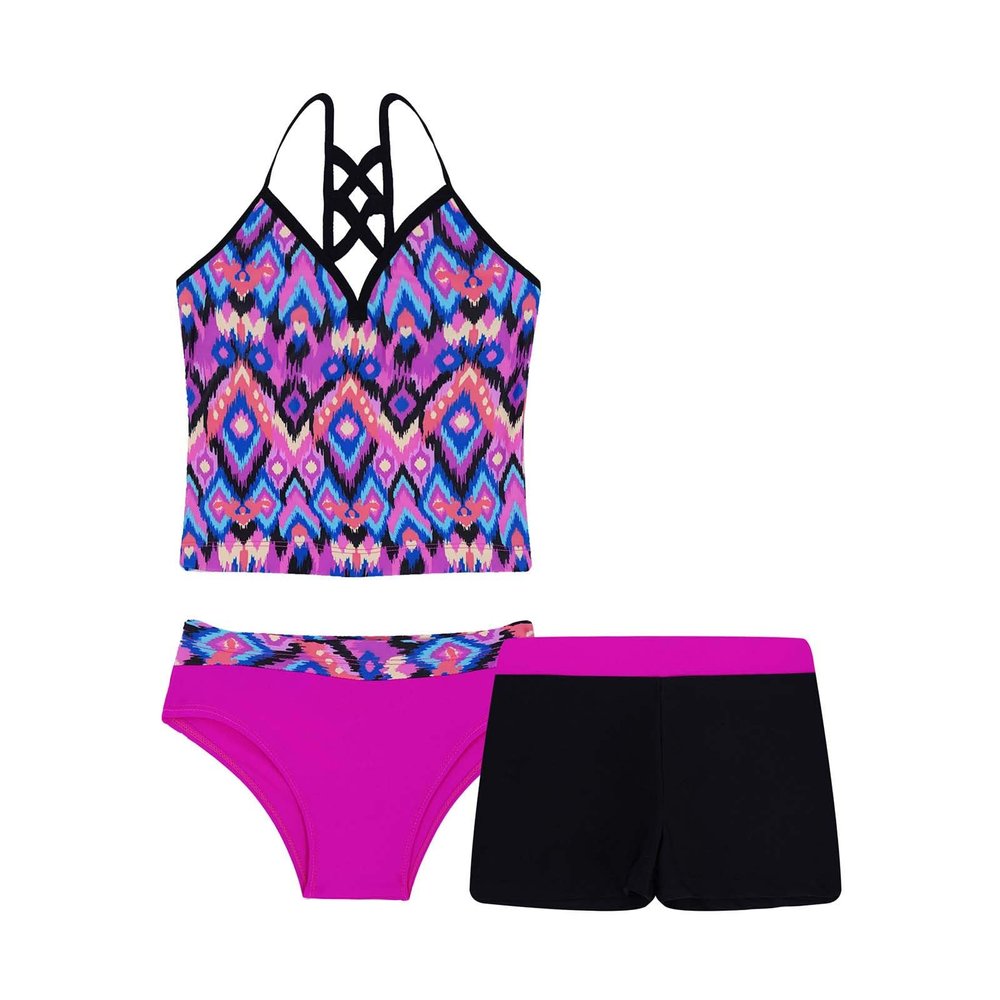 iiniim Big Girls 3pcs Tankini Swimsuit Tank Top with Boyshort Briefs Sets Summer Beach Bathing Suit Rose Red Geometry Shorts Set 12