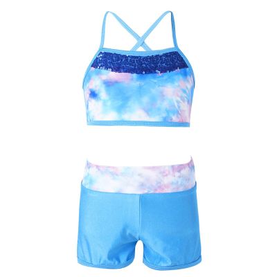 iiniim Kids Girls Two Piece Dance Sports Bra Crop Top with Shorts Gymmnastics Leotard Active Swimming Outfit Set Sea Sky Pink 10