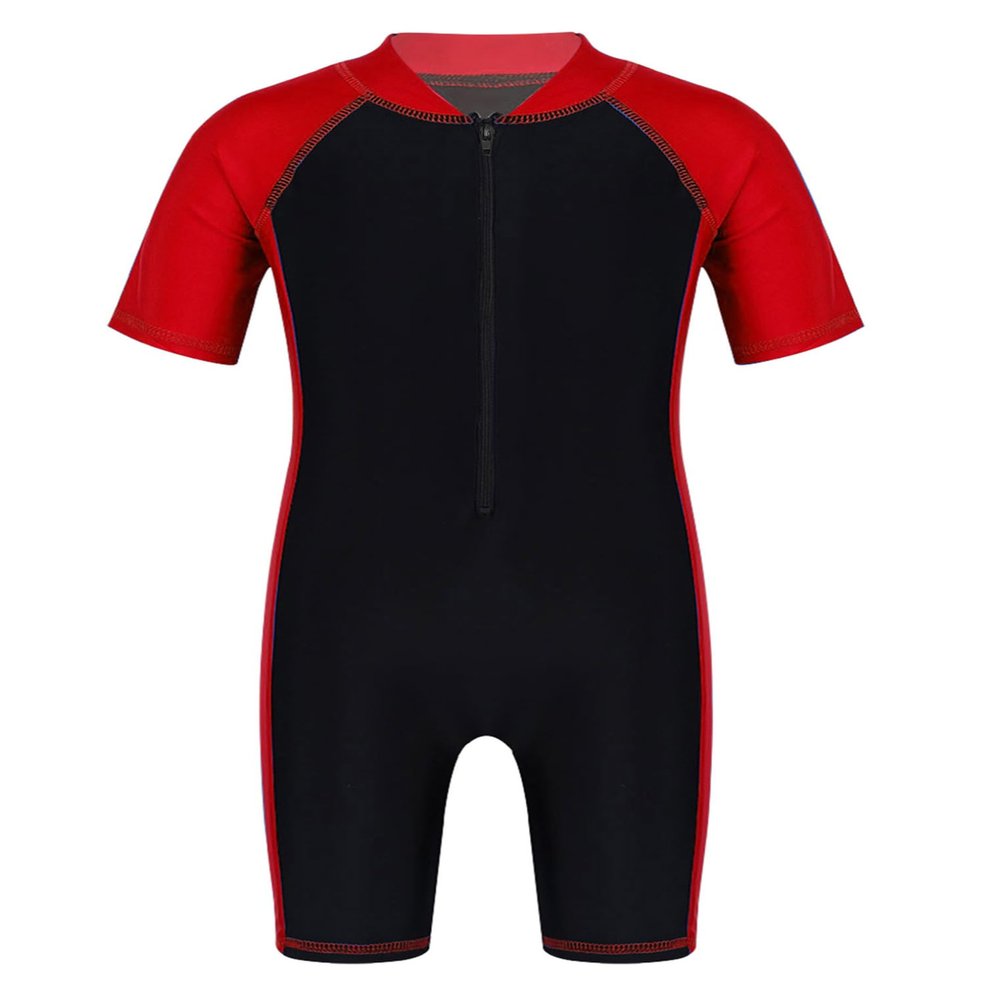 Hularka Kids Boys Girls One-Piece Thermal Wetsuit Short Sleeves Rash Guard Sun Protection Swimsuit Zippered Shorty Swimwear Red&Black 5-6