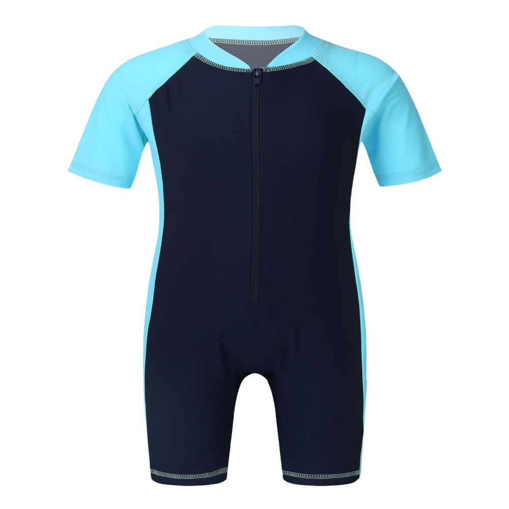Hularka Kids Boys Girls One-Piece Thermal Wetsuit Short Sleeves Rash Guard Sun Protection Swimsuit Zippered Shorty Swimwear Navy Blue&Sky Blue 10-12