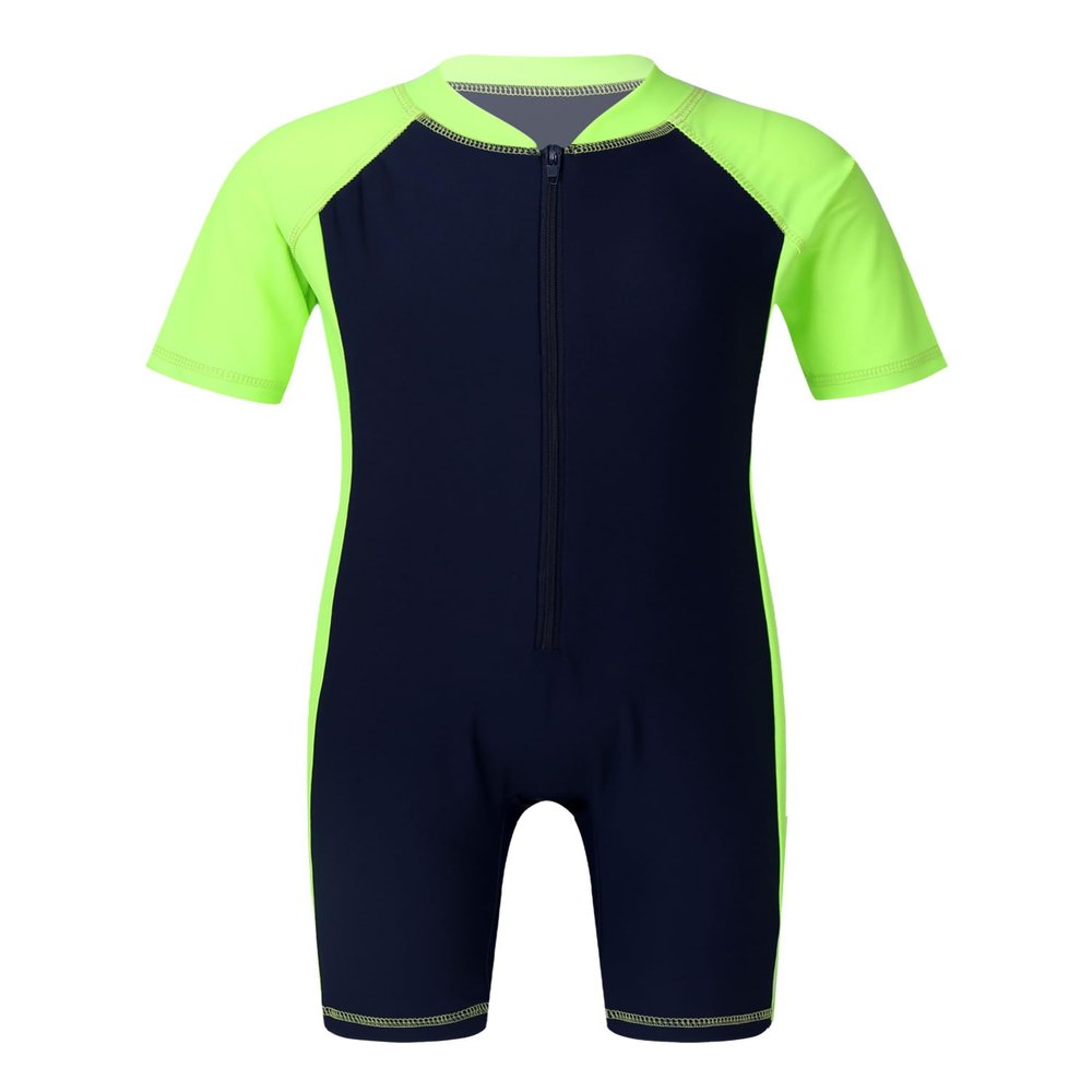 YOOJIA Kids Boys One Piece Shorty Wetsuit Swimsuit Short Sleeves Zippered Rash Guard UV Swimwear Bathing Suit Surfing Navy Blue&Fluorescen 8