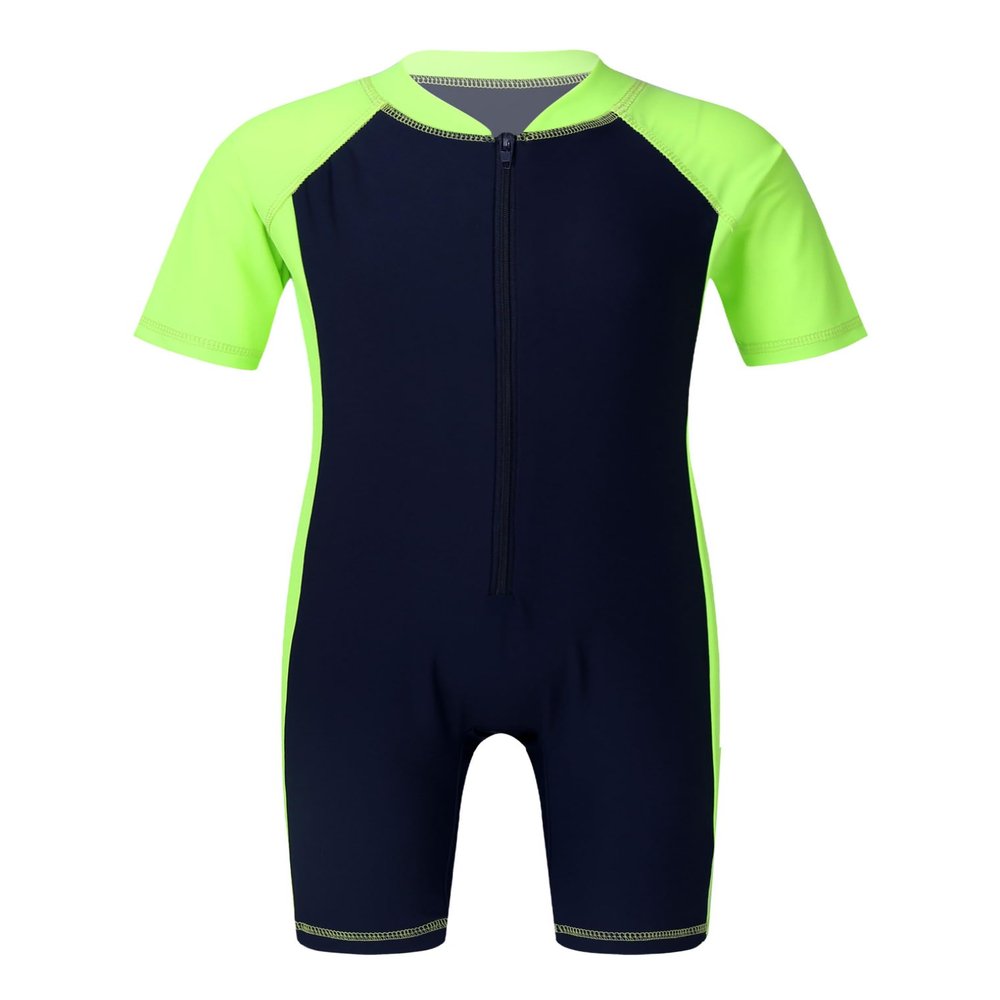 Hularka Kids Boys Girls One-Piece Thermal Wetsuit Short Sleeves Rash Guard Sun Protection Swimsuit Zippered Shorty Swimwear Navy Blue&Fluorescen 10-12