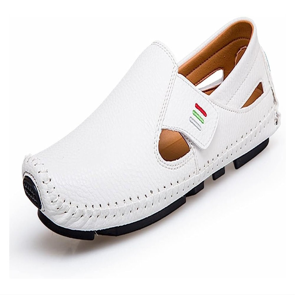 Men's Leather Square Toe Soft Sole Loafers Breathable Comfortable Slip On Shoes Casual Fashion Walking Driving Shoes (Color : White-a, Size : 8.5)