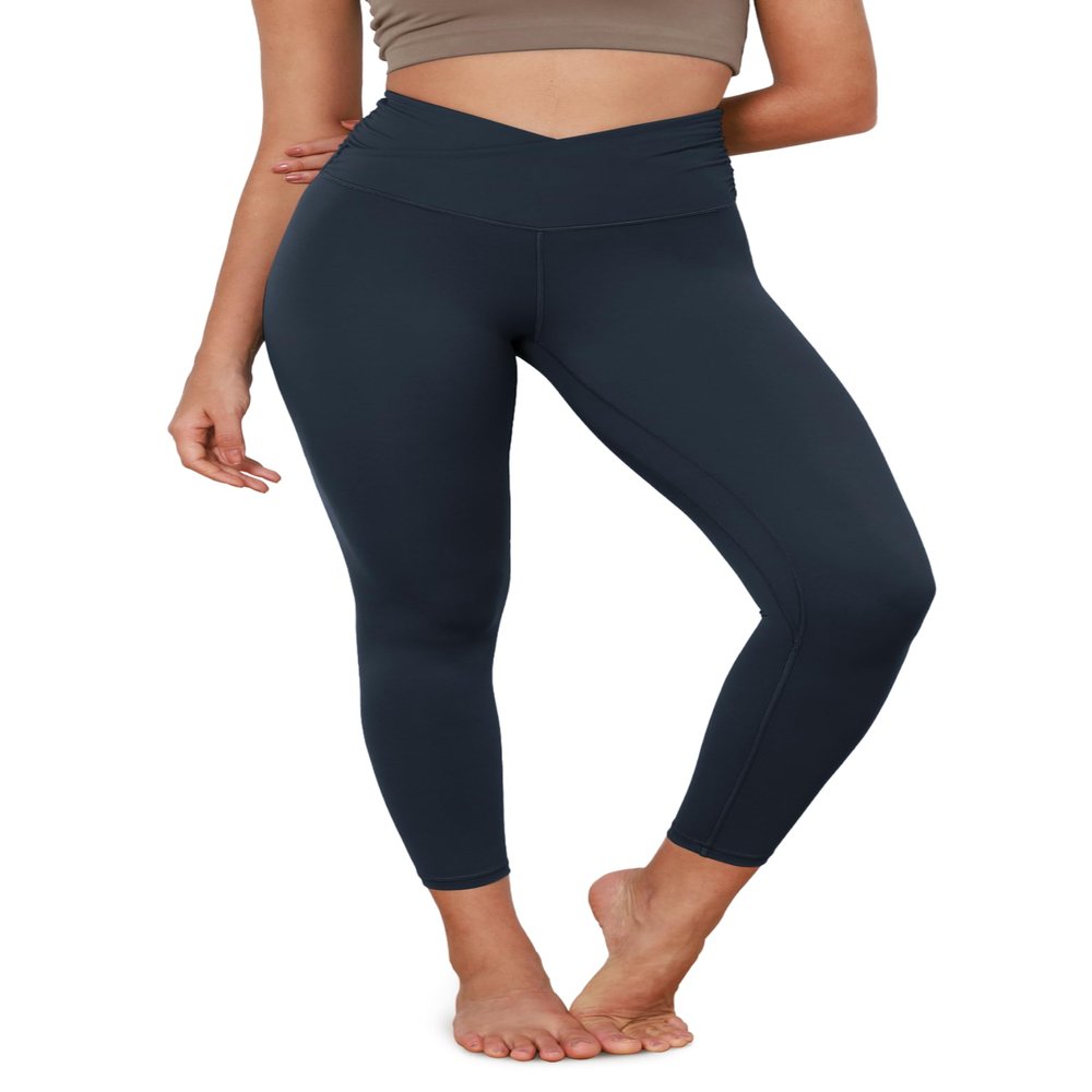 ODODOS Women's Cross Waist 7/8 Yoga Leggings with Inner Pocket, Inseam 25" Gathered Crossover Workout Yoga Pants, Deep Navy, Small