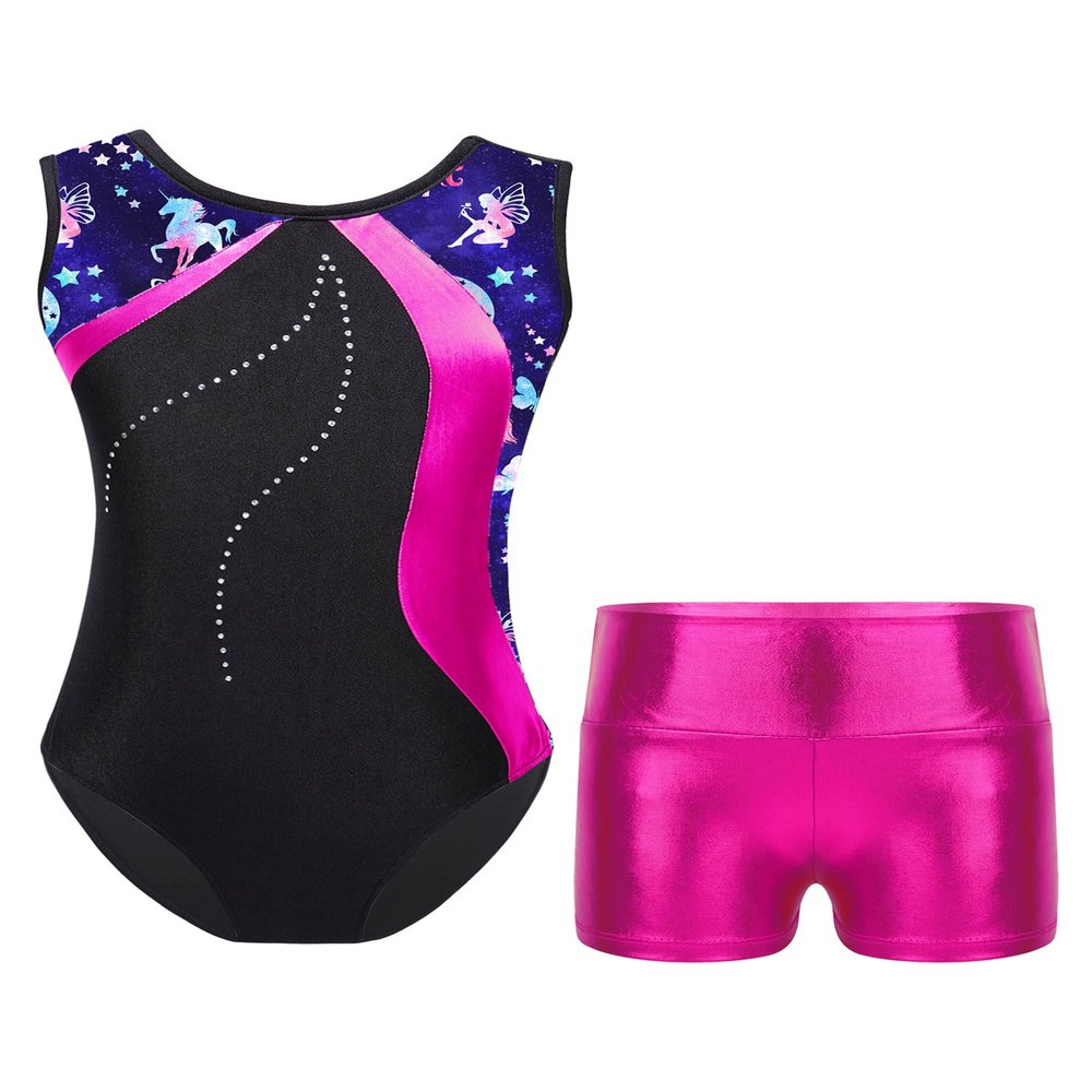 winying Kids Girls Two Piece Unitard Leotard Stretchy Fitness Bodysuit Gymnastic Dancewear Rose G 8 Years