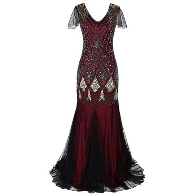 1920s Dresses for Women Great Gatsby Dress Roaring 20s Costumes Beaded Sequin Dress Prom Gown Ball Evening Maxi Dress V Neck Sleeveless 1920s Dresses for Women Wine Red + Gold Medium