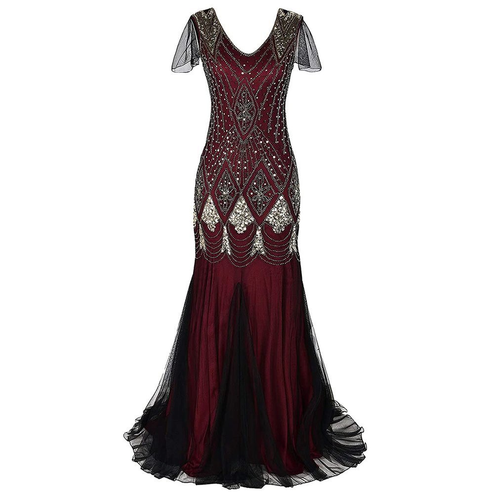 1920s Dresses for Women Great Gatsby Dress Roaring 20s Costumes Beaded Sequin Dress Prom Gown Ball Evening Maxi Dress V Neck Sleeveless 1920s Dresses for Women Wine Red + Gold Medium