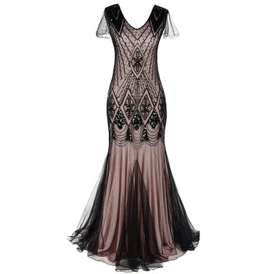 1920s Dresses for Women Great Gatsby Dress Roaring 20s Costumes Beaded Sequin Dress Prom Gown Ball Evening Maxi Dress V Neck Sleeveless 1920s Dresses for Women Black + Pink Large