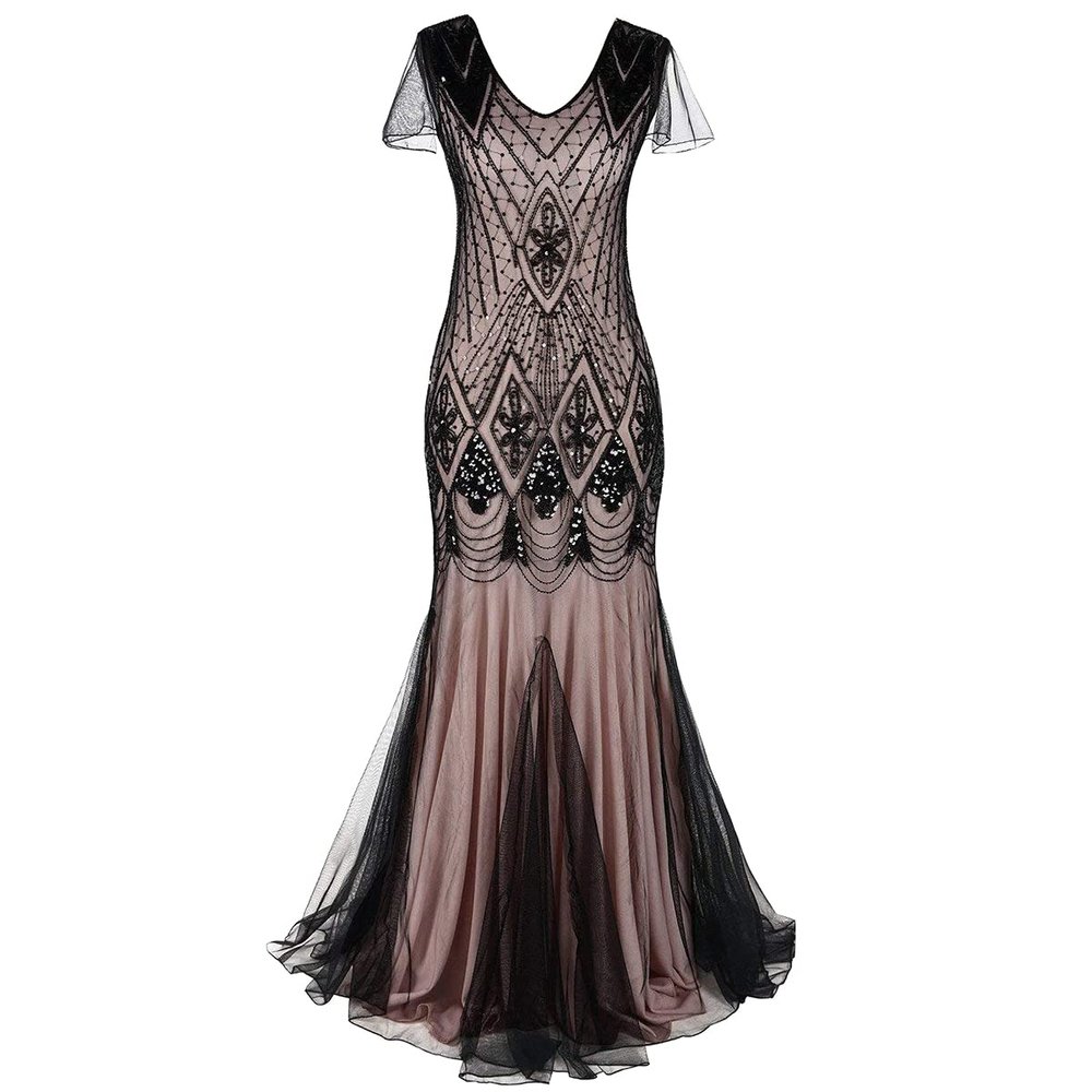 1920s Dresses for Women Great Gatsby Dress Roaring 20s Costumes Beaded Sequin Dress Prom Gown Ball Evening Maxi Dress V Neck Sleeveless 1920s Dresses for Women Black + Pink Large