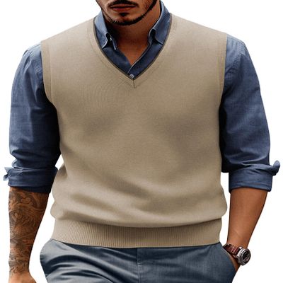 PJ PAUL JONES Mens Casual V-Neck Sweater Vest Sleeveless Wool Blended Pullover Sweater Vest Lightweight Light Tan L