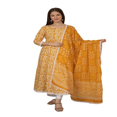 Meera Fab Women's Cotton Printed Anarkali Kurta With Palazzo & Dupatta Set Medium Yellow