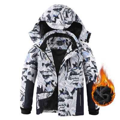 AFILOK Boy's Ski Jacket Waterproof Breathable Kids Fleece Lined Windproof Hooded Snowboard Coats (White Snow Mountain, 14-16)