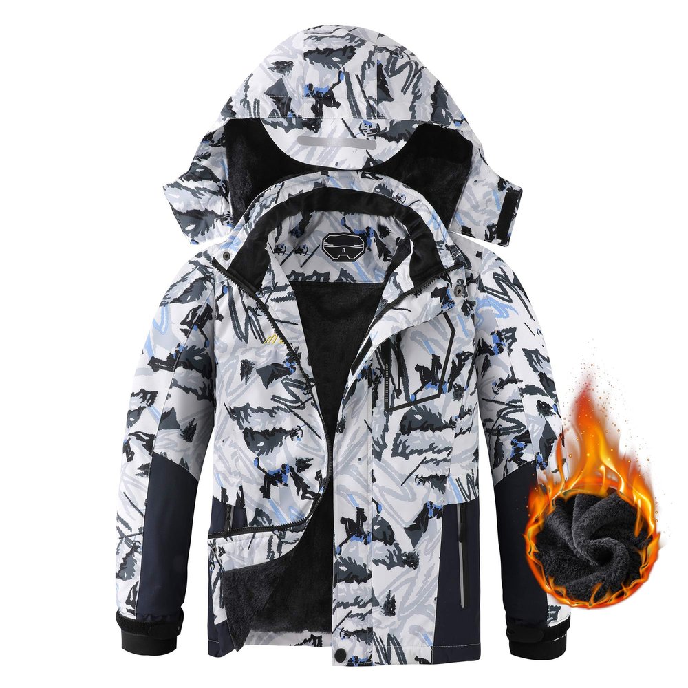 AFILOK Boy's Ski Jacket Waterproof Breathable Kids Fleece Lined Windproof Hooded Snowboard Coats (White Snow Mountain, 14-16)