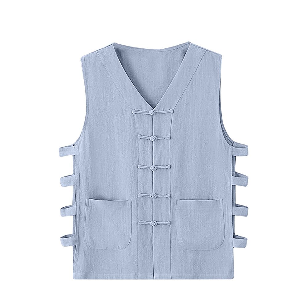 Shirts for Men 2023 Casual Cotton Linen Solid Waistcoat Summer V Neck Sleeveless Undershirt Vintage Buckle 2023 Hawaiian Shirt Sky Blue 4X