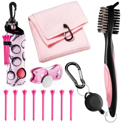 Liliful 12 Pcs Golf Accessories Kit, Include Golf Ball Bag with Hook Towel Tees Magnetic Ball Marker Divot Tool Cleaner Brush for Women Man Gifts(Pink)
