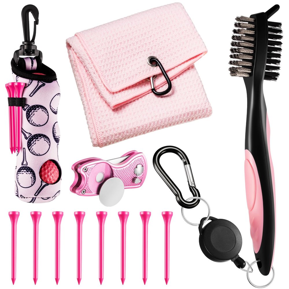 Liliful 12 Pcs Golf Accessories Kit, Include Golf Ball Bag with Hook Towel Tees Magnetic Ball Marker Divot Tool Cleaner Brush for Women Man Gifts(Pink)