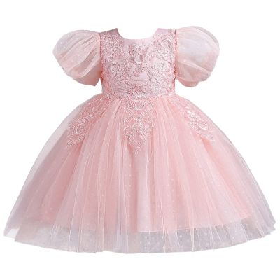 Floral Embroidered Princess Dress for Toddler Kids Girls Bubble Sleeve Ball Gown Solid Color Tulle (Pink, 4-5 Years)