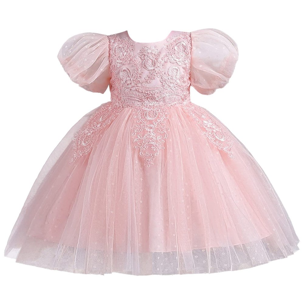 Floral Embroidered Princess Dress for Toddler Kids Girls Bubble Sleeve Ball Gown Solid Color Tulle (Pink, 4-5 Years)