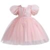 Floral Embroidered Princess Dress for Toddler Kids Girls Bubble Sleeve Ball Gown Solid Color Tulle (Pink, 4-5 Years) view 1