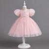 Floral Embroidered Princess Dress for Toddler Kids Girls Bubble Sleeve Ball Gown Solid Color Tulle (Pink, 4-5 Years) view 2