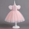Floral Embroidered Princess Dress for Toddler Kids Girls Bubble Sleeve Ball Gown Solid Color Tulle (Pink, 4-5 Years) view 3