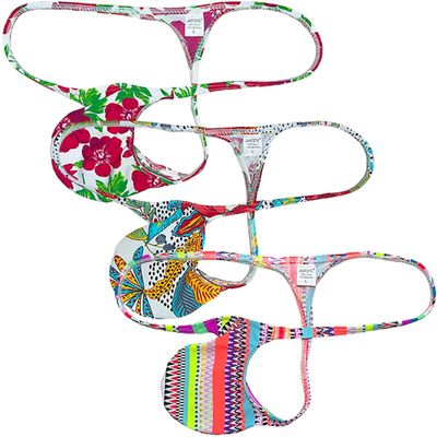 Jaxu Sexy Men's Flex Bikini Thong Underwear Male Contour Pouch Tangas Hombre G-string Minimum Coverage T-back String Belt 3-Pack(Red Apricot Flower,Abstract Indocalamus,Red Sawtooth) L