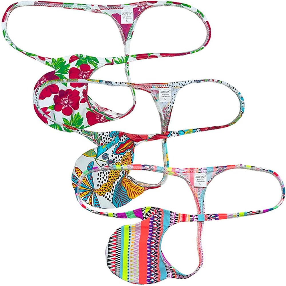 Jaxu Sexy Men's Flex Bikini Thong Underwear Male Contour Pouch Tangas Hombre G-string Minimum Coverage T-back String Belt 3-Pack(Red Apricot Flower,Abstract Indocalamus,Red Sawtooth) L