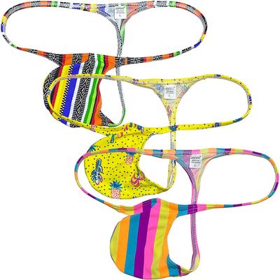 Jaxu Sexy Men's Flex Bikini Thong Underwear Male Contour Pouch Tangas Hombre G-string Minimum Coverage T-back String Belt 3-Pack(Mosaic Stripe,Yellow Desert,Big Yellow Stripe) L