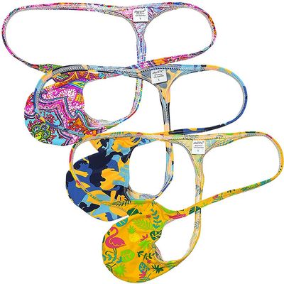 Jaxu Sexy Men's Flex Bikini Thong Underwear Male Contour Pouch Tangas Hombre G-string Minimum Coverage T-back String Belt 3-Pack(Mess Twine Pattern,Dinosaur,Yellow Fern Leaf) M