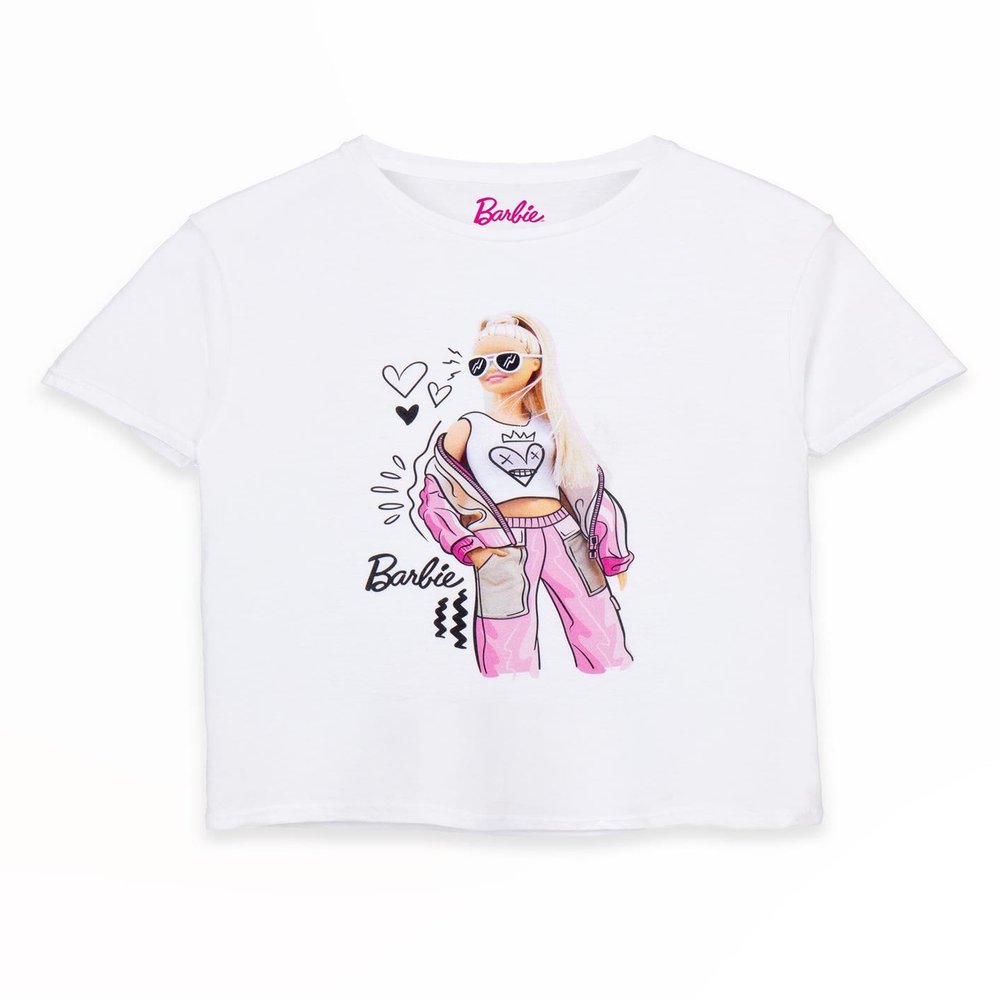 Barbie Girls Short Sleeve T-Shirt | Young Ladies Pose Stylish Sketch Graphic Tee | Kids White Fashion Top | Doll Movie Gift
