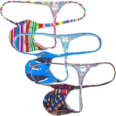 Jaxu Sexy Men's Flex Bikini Thong Underwear Male Contour Pouch Tangas Hombre G-string Minimum Coverage T-back String Belt 3-Pack(Yellow Rainbow Stripe,Blue Shark,Short Stripe) XL