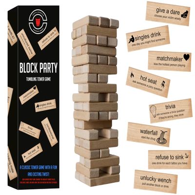 NORTH AMERICAN WEEKEND Block Party Adult Game Tumbling Tower  - Party Game - 54 Hilarious and Unique Blocks - with Different Dares, Challenges, Mini-Games