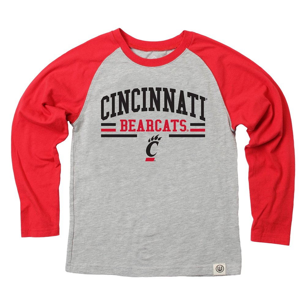 Wes and Willy NCAAA Kids LS Raglan Tee,Cincinnati Bearcats,S,Cherry