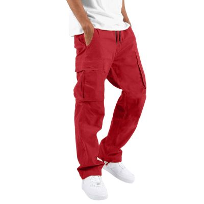 GOKKILRW Mens Drawstring Outdoor Cargo Hiking Pants Lightweight Ripstop Tactical Cargo Cotton Twill Jogging Workout Joggers Sports Fitness Gym Sweatpants for Men(Red,X-Large)