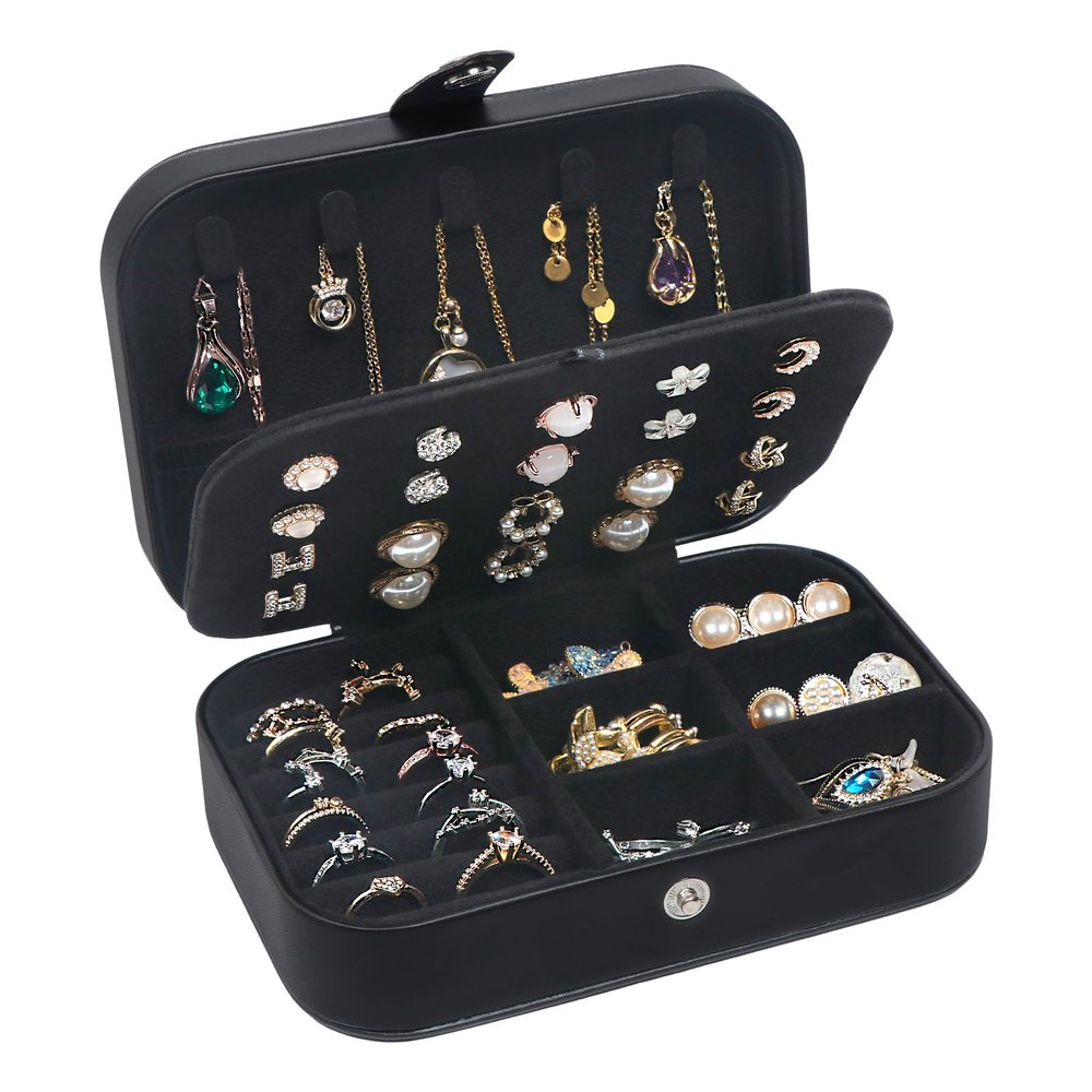 SLOZO Travel Jewelry Box,Upgraded Travel Jewelry Case,Portable Jewelry Boxes for Women,PU Leather Jewelry Box,Travel Jewelry Organizer for Necklaces,Rings,Earrings,Bracelets,Black